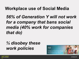 Workplace use of Social Media
56% of Generation Y will not work
for a company that bans social
media (40% work for companies
that do)
¾ disobey these
work policies
 