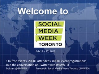 Welcome to



                     Feb 13 – 17, 2012


116 free events, 2000+ attendees, 8000+ event registrations
Join the conversation on Twitter with #SMWTO
Twitter: @SMWTO      Facebook: Social Media Week Toronto (SMWTO)
 