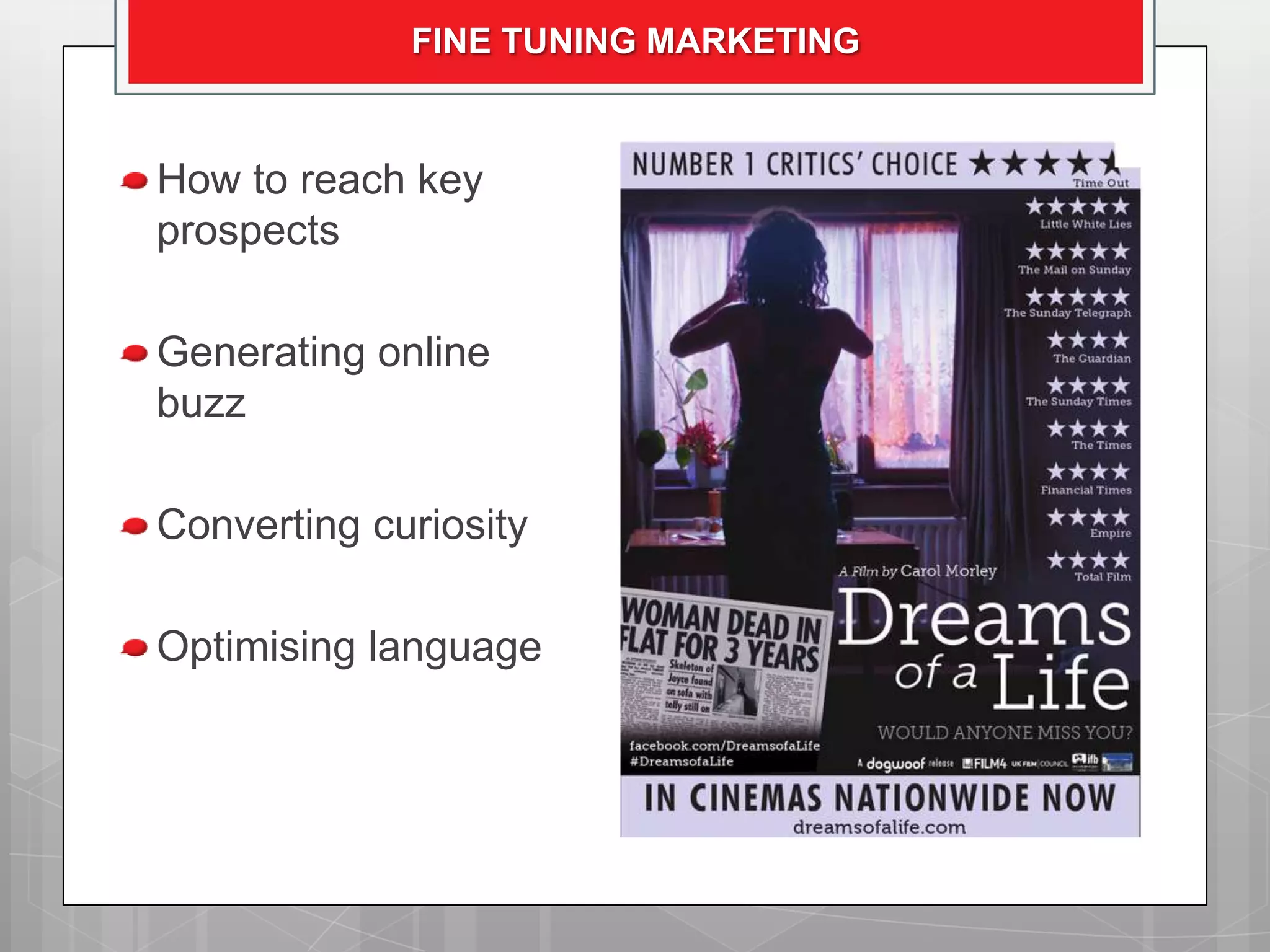FINE TUNING MARKETING


How to reach key
prospects

Generating online
buzz

Converting curiosity

Optimising language
 