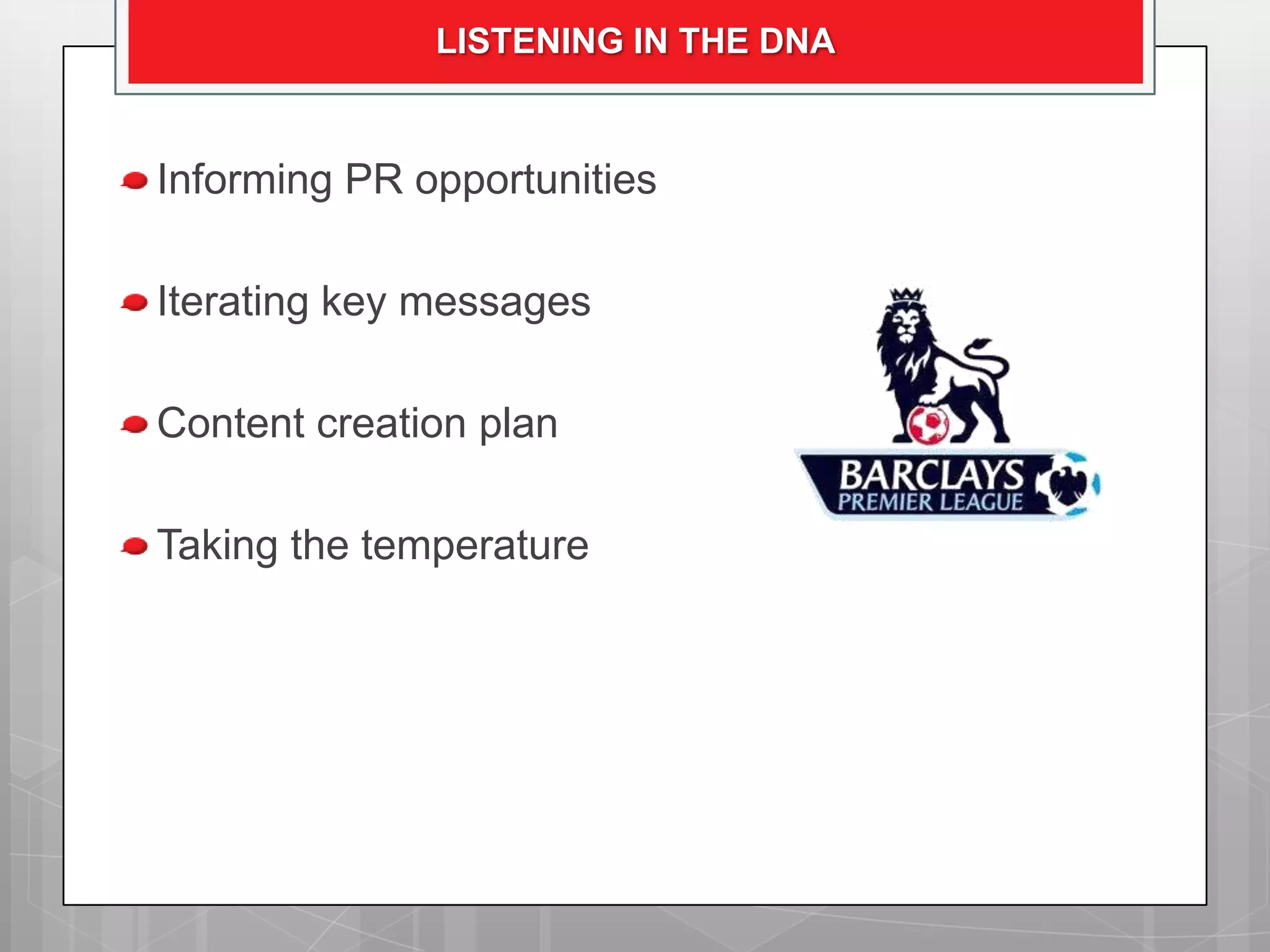 LISTENING IN THE DNA


Informing PR opportunities

Iterating key messages

Content creation plan

Taking the temperature
 