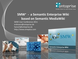 SMW+ - a Semantic Enterprise Wiki
     based on Semantic MediaWiki
SMW User Conference 2011
erdmann@ontoprise.de
hansch@ontoprise.de
http://www.smwplus.com




                             © 2011 ontoprise GmbH   Slide 1
 