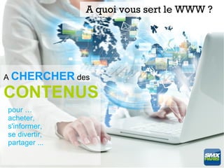 A quoi vous sert le WWW ?




A CHERCHER des

CONTENUS
pour …
acheter,
s'informer,
se divertir,
partager ...
 