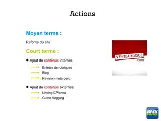 Actions

Moyen terme :
Refonte du site

Court terme :
 Ajout de contenus internes
         Entêtes de rubriques
         Blog
         Revision meta desc

 Ajout de contenus externes
         Linking CP/annu
         Guest blogging
 