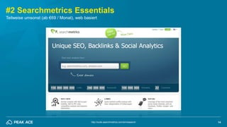 14
#2 Searchmetrics Essentials
http://suite.searchmetrics.com/en/research
Teilweise umsonst (ab €69 / Monat), web basiert
 