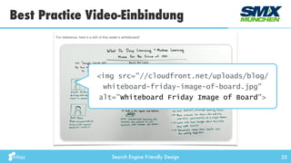 Search Engine Friendly Design
Best Practice Video-Einbindung
35
<img src="//cloudfront.net/uploads/blog/
whiteboard-friday-image-of-board.jpg"
alt="Whiteboard Friday Image of Board">
 