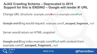 #SMX #15A @PatrickStox
AJAX Crawling Scheme – Deprecated in 2015
Support for this is ENDING – Google will render #! URL
Change URL structure: example.com/#url >> example.com/#!url
Google and Bing would request: example.com/?_escaped_fragment_=url
Server would return an HTML snapshot
Google and Bing index example.com/#!url with content from
example.com/?_escaped_fragment_=url
 