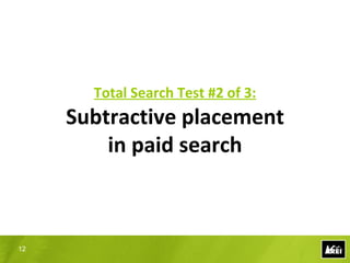 Results of a controlled paid search “surge”
     Traffic




                                     Test:
                                     Increase paid search
                                     spending on top-of-funnel
                       Time          keywords to drive more
                       Paid Search
                                     awareness and traffic.


12
 