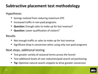 Results of a controlled paid search “surge”

                                                      Hypothesis:
                                                      No impact on
                                                      natural search.
     Traffic




                              Time
                Paid Search          Natural Search




14
 