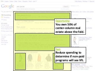 Opportunity:
     You own 50% of
     center-column real
     estate above the fold.




     Test:
     Reduce spending to
     determine if non-paid
     programs will see lift.

21
 