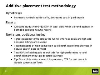 Additive placement test methodology
Hypotheses
      Increased natural search traffic, decreased cost in paid search
Results
      iCrossing study shows +53% lift in total clicks when a brand appears in
       both top paid and natural results
Next steps, additional testing
      Target seasonal terms across the funnel where ad costs are high and
       non-paid listings are invisible
      Test messaging of high-conversion paid search experiences for use in
       natural search page content
      Test ROAS of adding paid search ads for high-performing natural
       search terms without paid search coverage
      Tip: Track lift in natural search impressions, CTR for test terms in
       Google Webmaster Tools

27
 