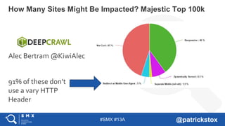 #SMX #13A @patrickstox
How Many Sites Might Be Impacted? Majestic Top 100k
91% of these don’t
use a vary HTTP
Header
Alec Bertram @KiwiAlec
 