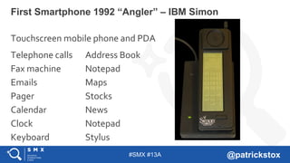 #SMX #13A @patrickstox
First Smartphone 1992 “Angler” – IBM Simon
Touchscreen mobile phone and PDA
Telephone calls
Fax machine
Emails
Pager
Calendar
Clock
Keyboard
Address Book
Notepad
Maps
Stocks
News
Notepad
Stylus
 