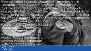 #SMX #XXA @SpeakerName
Pinterest AdRoll Magestic Maxymiser Kissmetrics Marin
ConstantContact Cyfe Supermetrics Buzzstream VWO
Clicktale Compete Hubspot Pardot ExactTarget Oracle
Marketo SEMRush SpyFu Moz NerdyData Followerwonk Buffer
Hootsuite Percolate Google Analytics Google AdWords Bing
Ads Google Trends Google Search Console Bing Webmaster
Tools NewsCred Skyword Kapost
Parse.ly Twitter Contently Tableau
Adobe Target Optimize.ly
Unbounce HotJar CrazyEgg
Bit.ly MailChimp Campaign
Monitor Rapportive SendGrid
Kenshoo Acquisio Facebook
Twitter and many many more
 
