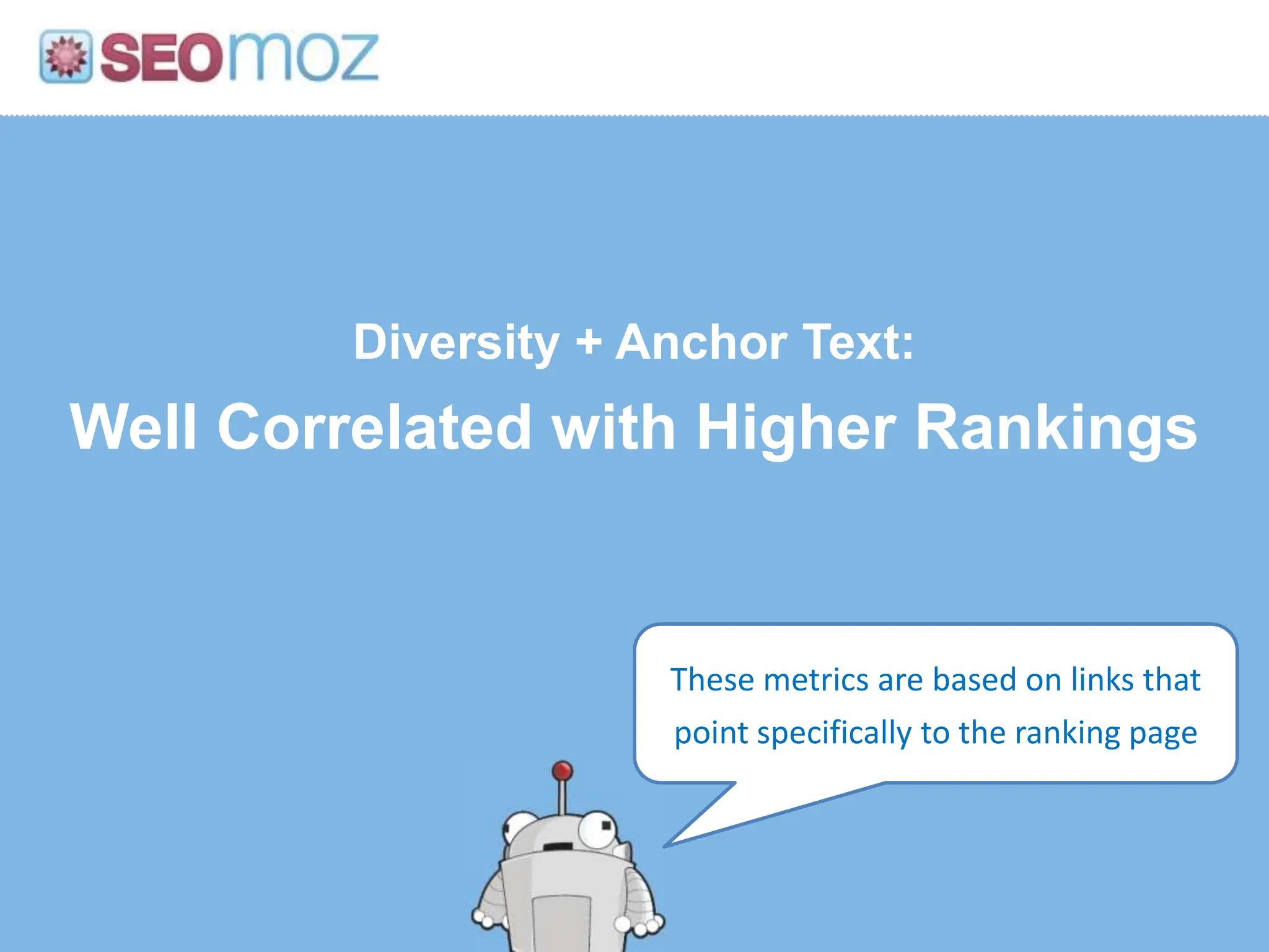 Diversity + Anchor Text:Well Correlated with Higher RankingsThese metrics are based on links that point specifically to the ranking page