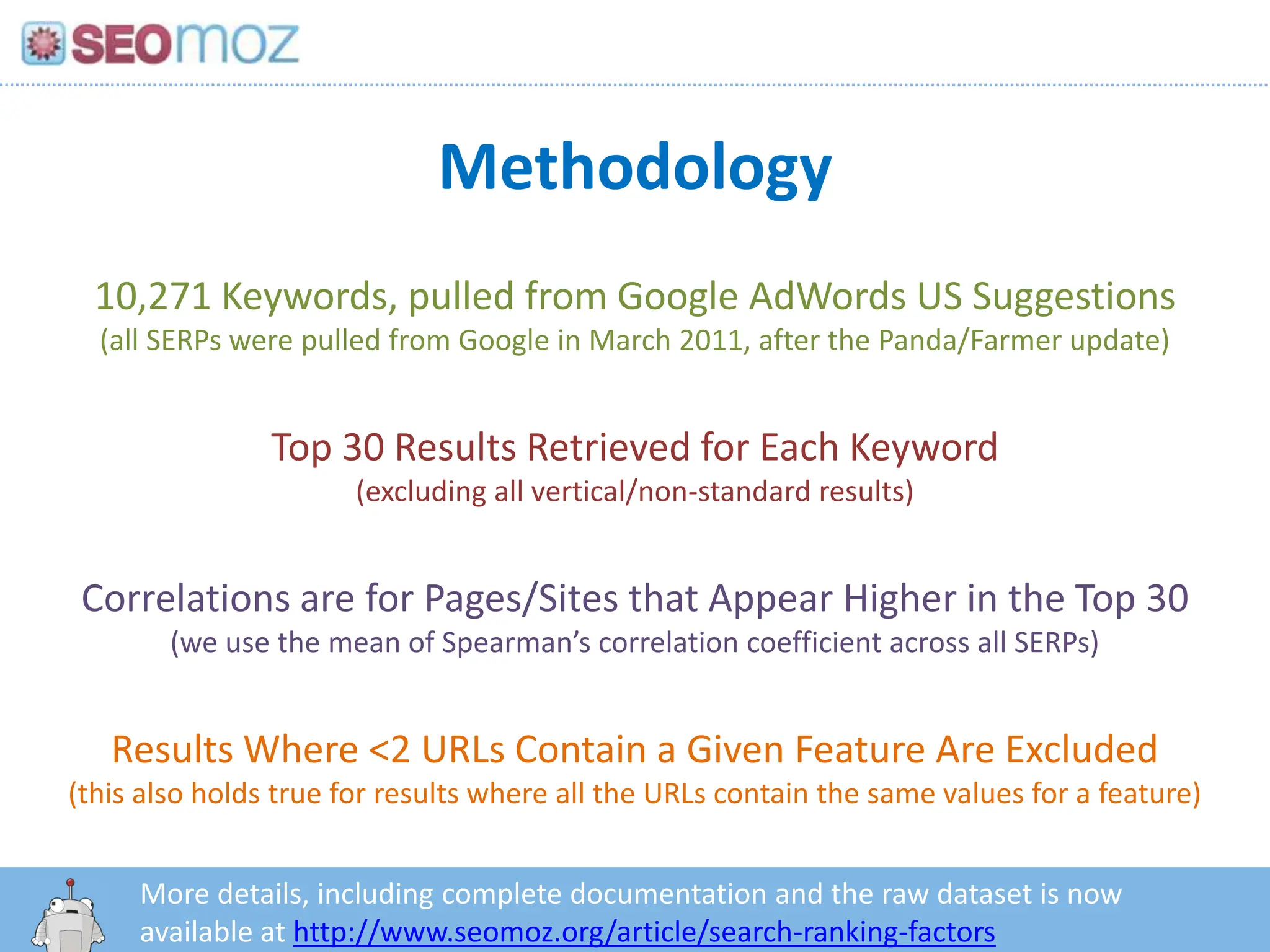Methodology10,271 Keywords, pulled from Google AdWords US Suggestions(all SERPs were pulled from Google in March 2011, after the Panda/Farmer update)Top 30 Results Retrieved for Each Keyword(excluding all vertical/non-standard results)Correlations are for Pages/Sites that Appear Higher in the Top 30(we use the mean of Spearman’s correlation coefficient across all SERPs)Results Where <2 URLs Contain a Given Feature Are Excluded(this also holds true for results where all the URLs contain the same values for a feature)More details, including complete documentation and the raw dataset is now available at http://www.seomoz.org/article/search-ranking-factorshttp:/googleblog.blogspot.com/2010/06/our-new-search-index-caffeine.html