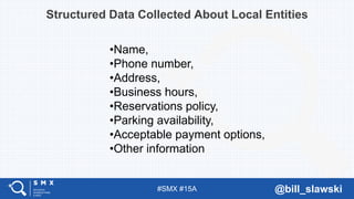 #SMX #15A @bill_slawski
Structured Data Collected About Local Entities
•Name,
•Phone number,
•Address,
•Business hours,
•Reservations policy,
•Parking availability,
•Acceptable payment options,
•Other information
 