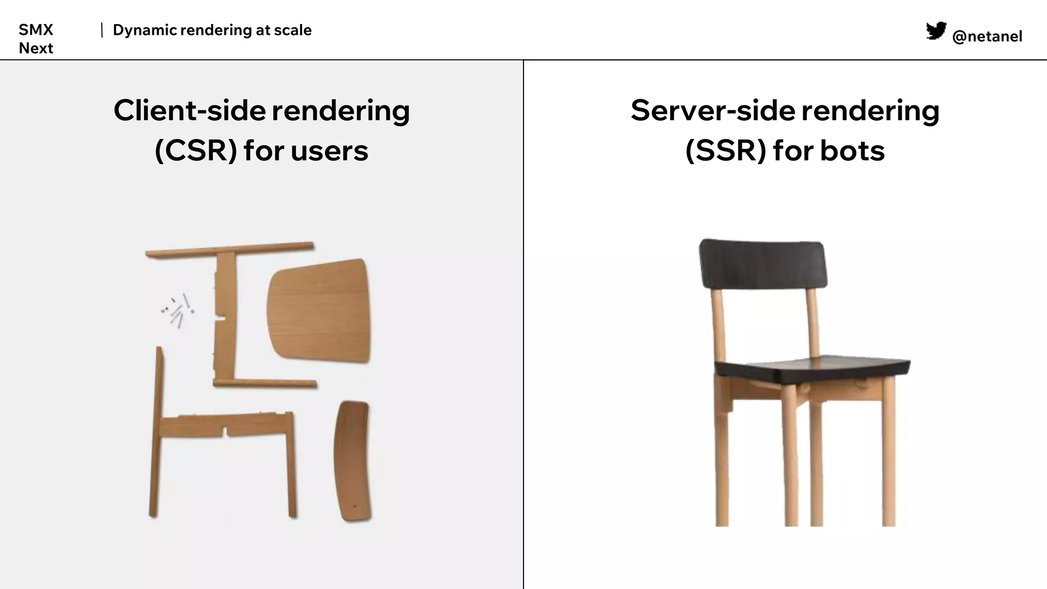 @netanel
Dynamic rendering at scale
SMX
Next
Server-side rendering
(SSR) for bots
Client-side rendering
(CSR) for users
 