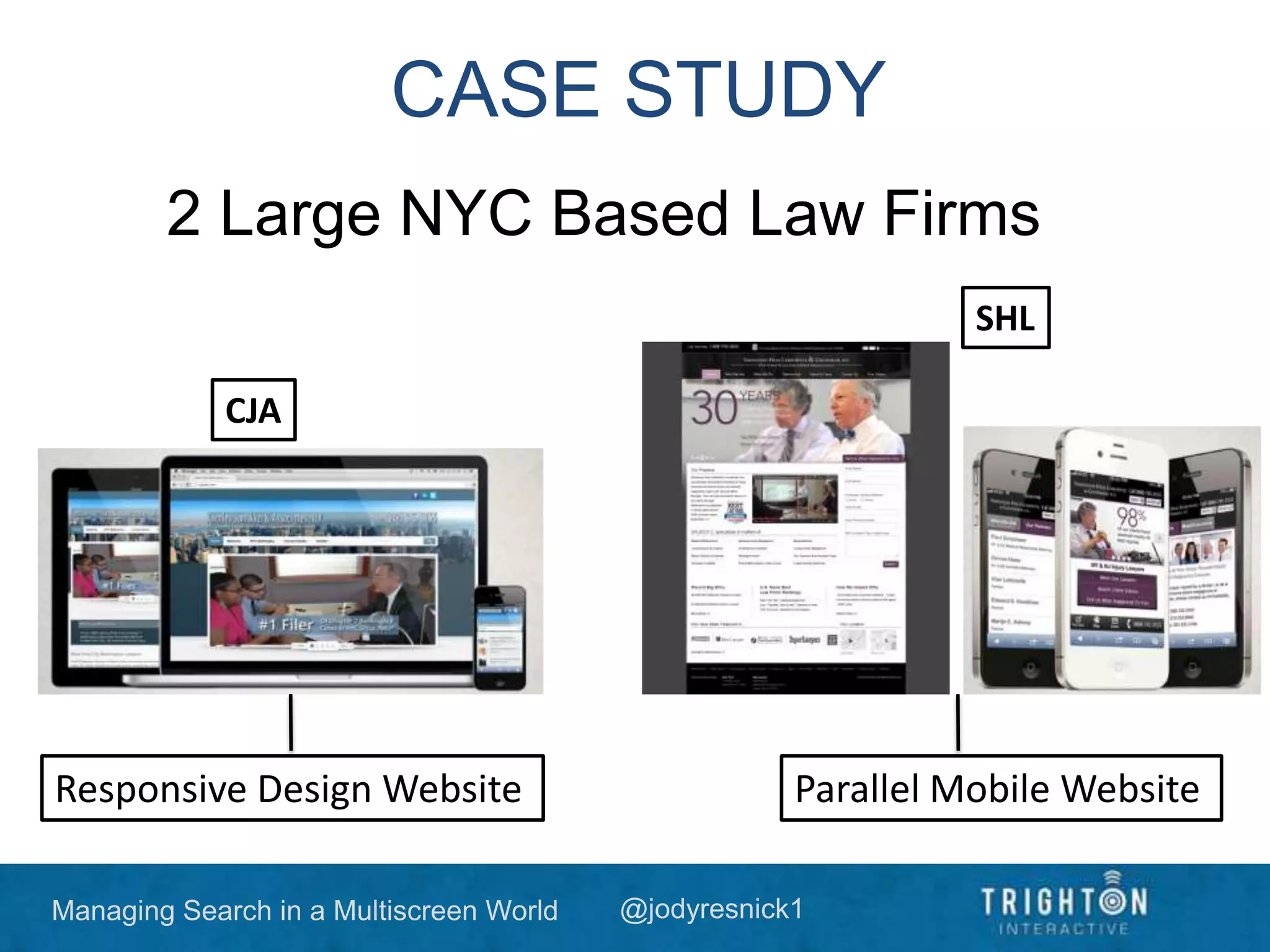 Managing Search in a Multiscreen World @jodyresnick1
CASE STUDY
2 Large NYC Based Law Firms
Parallel Mobile WebsiteResponsive Design Website
CJA
SHL
 