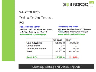 ROI
Top Secure VPS Server
Get your Own Top Secure VPS server
in 4 steps -Free try for 30 days!
www.website.se/landingpage
Top Secure VPS Server
Get your Own Top Secure VPS server
4 Easy steps -Free try for 30 days!
www.website.se/landingpage
Creating, Testing and Optimizing Ads
Testing, Testing, Testing…
WHAT TO TEST?
 