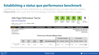 16 @peakaceag pa.ag@basgr from @peakaceag#SMX #29A
Establishing a status quo performance benchmark
Lighthouse (via Chrome DevTools) or webpagetest.org provide relevant metrics.
Important: don’t just test the homepage, but also category/product pages.
 