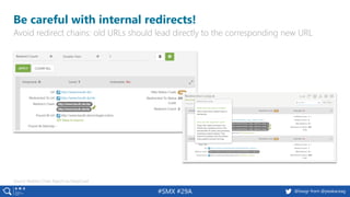 23 @peakaceag pa.ag@basgr from @peakaceag#SMX #29A
Be careful with internal redirects!
Avoid redirect chains: old URLs should lead directly to the corresponding new URL
Source: Redirect Chain Report via DeepCrawl
 