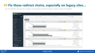 57 @peakaceag pa.ag@basgr from @peakaceag#SMX #29A
#9 Fix those redirect chains, especially on legacy sites…
…as multiple requests waste valuable performance and crawl budget!
 