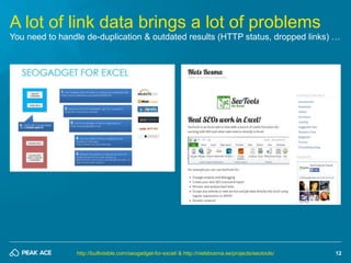 12
A lot of link data brings a lot of problems
You need to handle de-duplication & outdated results (HTTP status, dropped ...