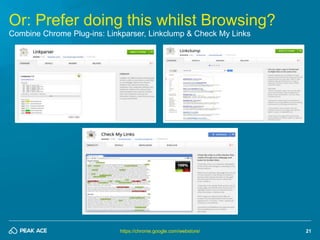 21
Or: Prefer doing this whilst Browsing?
Combine Chrome Plug-ins: Linkparser, Linkclump & Check My Links
https://chrome.g...
