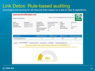 32
Link Detox: Rule-based auditing
Automated pre-scoring for all inbound links based on a set of rules & algorithms
 