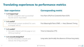 23 @peakaceag pa.ag
Translating experiences to performance metrics
User experience
▪ Is it happening?
› Did the navigation start successfully?
Has the server responded?
▪ Is it useful?
› Has enough content rendered for users
to engage with it?
▪ Is it usable?
› Can users interact with the page or is it
still busy loading?
▪ Is it smooth/delightful?
› Are the interactions smooth and
natural, free of lag and jank?
Corresponding metric
First Paint (FP)/First Contentful Paint (FCP)
First Meaningful Paint (FMP) -> Hero Element Timing
Time to Interactive (TTI)
Long tasks (technically the absence of those long tasks)
 