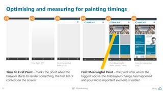 26 @peakaceag pa.ag
Optimising and measuring for painting timings
#1 #2 #3 #4 #5 #6
First Paint (FP) First Contentful
Paint (FCP)
First Meaningful
Paint (FMP) / Hero!
Time to Interactive
(TTI)
Time to First Paint – marks the point when the
browser starts to render something, the first bit of
content on the screen.
First Meaningful Paint – the paint after which the
biggest above-the-fold layout change has happened
and your most important element is visible!
 