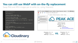 41 @peakaceag pa.ag
You can still use WebP with on-the-fly replacement
Swap PNG and JPEG images per re-write (i.e., using .htaccess)
Check out cloudinary image optimisation: http://pa.ag/2IDOkP9
VS.
 