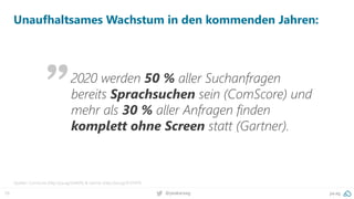 10 pa.ag@peakaceag
Unaufhaltsames Wachstum in den kommenden Jahren:
Quellen: ComScore (http://pa.ag/2itAkPk) & Gartner (http://pa.ag/2h3TNTf)
2020 werden 50 % aller Suchanfragen
bereits Sprachsuchen sein (ComScore) und
mehr als 30 % aller Anfragen finden
komplett ohne Screen statt (Gartner).
 