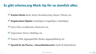 29 pa.ag@peakaceag
Es gibt schema.org Mark-Up für so ziemlich alles:
Kreative Werke: Book, Movie, MusicRecording, Recipe, TVSeries, etc.
Eingebundene Objekte: AudioObject, ImageObject, VideoObject
Event, Place, LocalBusiness, Restaurant, etc.
Organisation, Person, WebPage, etc.
Product, Offer, AggregateOffer, Review, AggregateRating, etc.
Speziell für die Pharma- / Gesundheitsbranche: Health & MedicalEntity
 