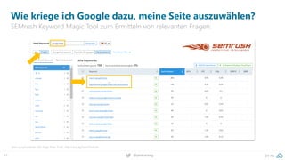 47 pa.ag@peakaceag
Wie kriege ich Google dazu, meine Seite auszuwählen?
SEMrush Keyword Magic Tool zum Ermitteln von relevanten Fragen:
Jetzt ausprobieren (30 Tage Free Trial): http://pa.ag/omx17smrsh
 