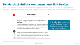 50 pa.ag@peakaceag
Der durchschnittliche Konsument nutzt fünf Devices!
Es ist unrealistisch, eine für alle Geräte angepasste Website zu bauen & zu pflegen –
eine für das iPad und verschiedene Seiten für alle Smartphone Bildschirmauflösungen!
Quellen: http://pa.ag/2ffuGNp & http://pa.ag/2fHvLhz
90 % aller User beginnen
online Tasks auf einem
Gerät und beenden diese
auf einem anderen.
 