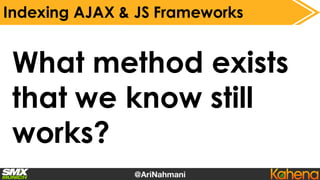 Indexing AJAX & JS: Pre-rendering
Upon crawl of URL with _escaped_fragment_=
1. prerender.io – middleware via reverse prox...