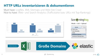 16 @peakaceag pa.ag
HTTP URLs inventarisieren & dokumentieren
Must have: Logfiles, XML Sitemaps und Web-Site Crawl
Nice to have: Web- und Search Analytics (Trafficstarke bzw. URLs mit Top-Rankings)
Mode > List > Upload
Kleine Domains
Große Domains
 