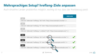 21 @peakaceag pa.ag
Mehrsprachiges Setup? hreflang-Ziele anpassen
Auch einzelne Länder problemlos möglich, wichtig ist nur, dass der Kreisbezug passt.
HREFLANG
<link rel="alternate" hreflang="de" href="http://www.example.com/de/" />
ALT
<link rel="alternate" hreflang="fr" href="http://www.example.com/fr/" />
ALT
<link rel="alternate" hreflang="de" href="https://www.example.com/de/" />
NEU
<link rel="alternate" hreflang="x-default" href="http://www.example.com/" />
ALT
<link rel="alternate" hreflang="fr" href="https://www.example.com/fr/" />
NEU
<link rel="alternate" hreflang="x-default" href="https://www.example.com/" />
NEU
 