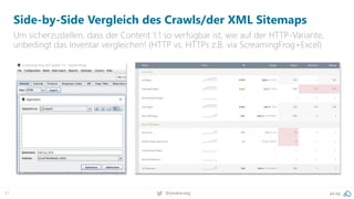 31 @peakaceag pa.ag
Side-by-Side Vergleich des Crawls/der XML Sitemaps
Um sicherzustellen, dass der Content 1:1 so verfügbar ist, wie auf der HTTP-Variante,
unbedingt das Inventar vergleichen! (HTTP vs. HTTPs z.B. via ScreamingFrog+Excel)
 