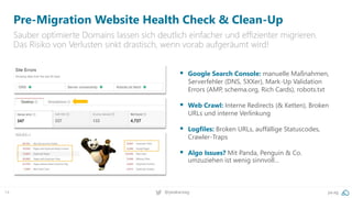 14 @peakaceag pa.ag
Pre-Migration Website Health Check & Clean-Up
Sauber optimierte Domains lassen sich deutlich einfacher...