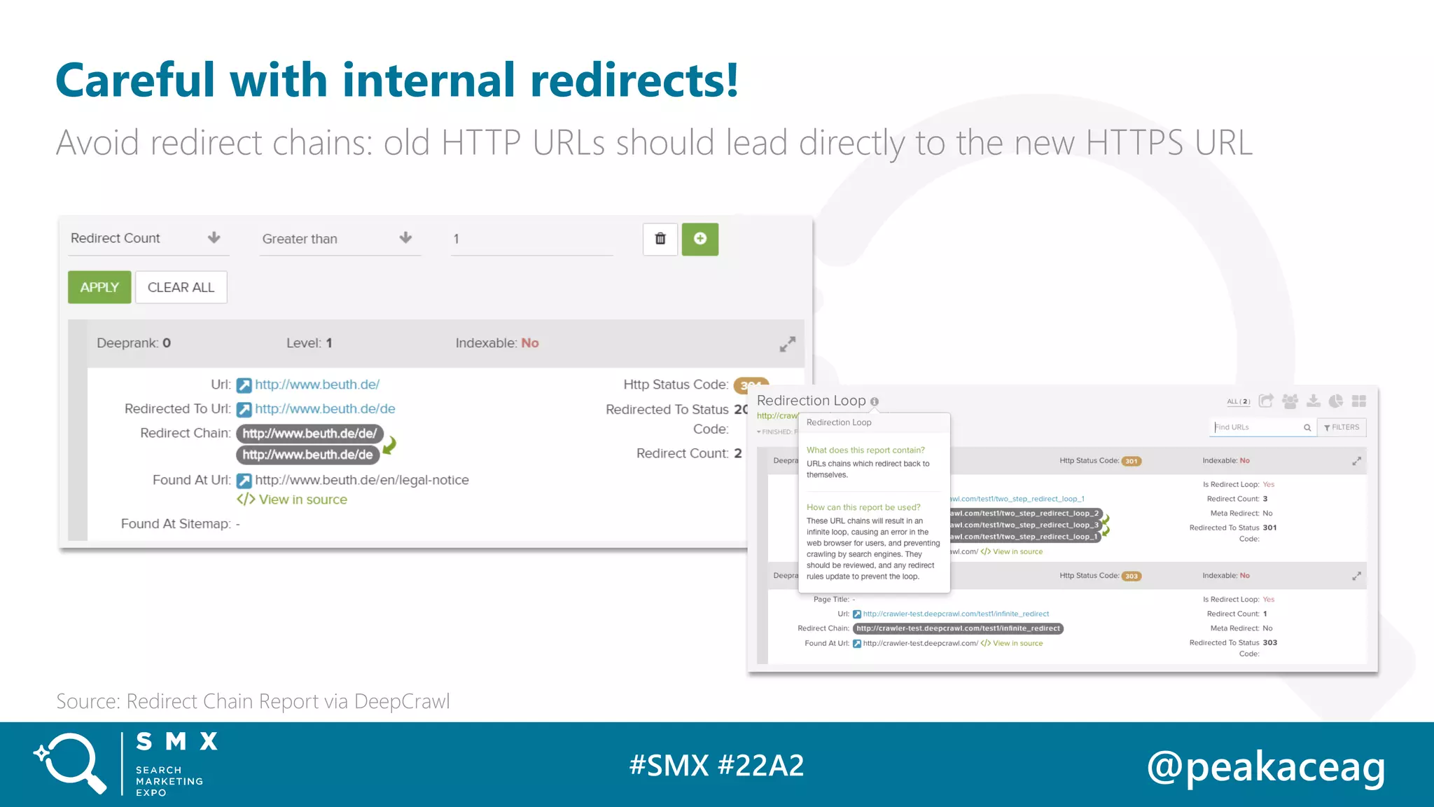 #SMX #22A2 @peakaceag
Careful with internal redirects!
Avoid redirect chains: old HTTP URLs should lead directly to the new HTTPS URL
Source: Redirect Chain Report via DeepCrawl
 