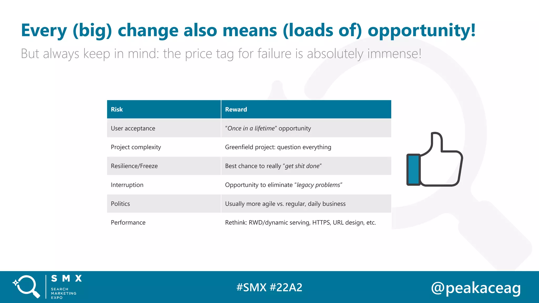 #SMX #22A2 @peakaceag
Every (big) change also means (loads of) opportunity!
But always keep in mind: the price tag for failure is absolutely immense!
Risk Reward
User acceptance “Once in a lifetime” opportunity
Project complexity Greenfield project: question everything
Resilience/Freeze Best chance to really “get shit done”
Interruption Opportunity to eliminate “legacy problems”
Politics Usually more agile vs. regular, daily business
Performance Rethink: RWD/dynamic serving, HTTPS, URL design, etc.
 