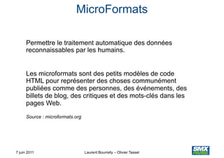 MicroFormats

      Permettre le traitement automatique des données
      reconnaissables par les humains.


      Les mic...