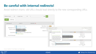 @basgr from @peakaceag#SMX
Be careful with internal redirects!
Avoid redirect chains: old URLs should lead directly to the...