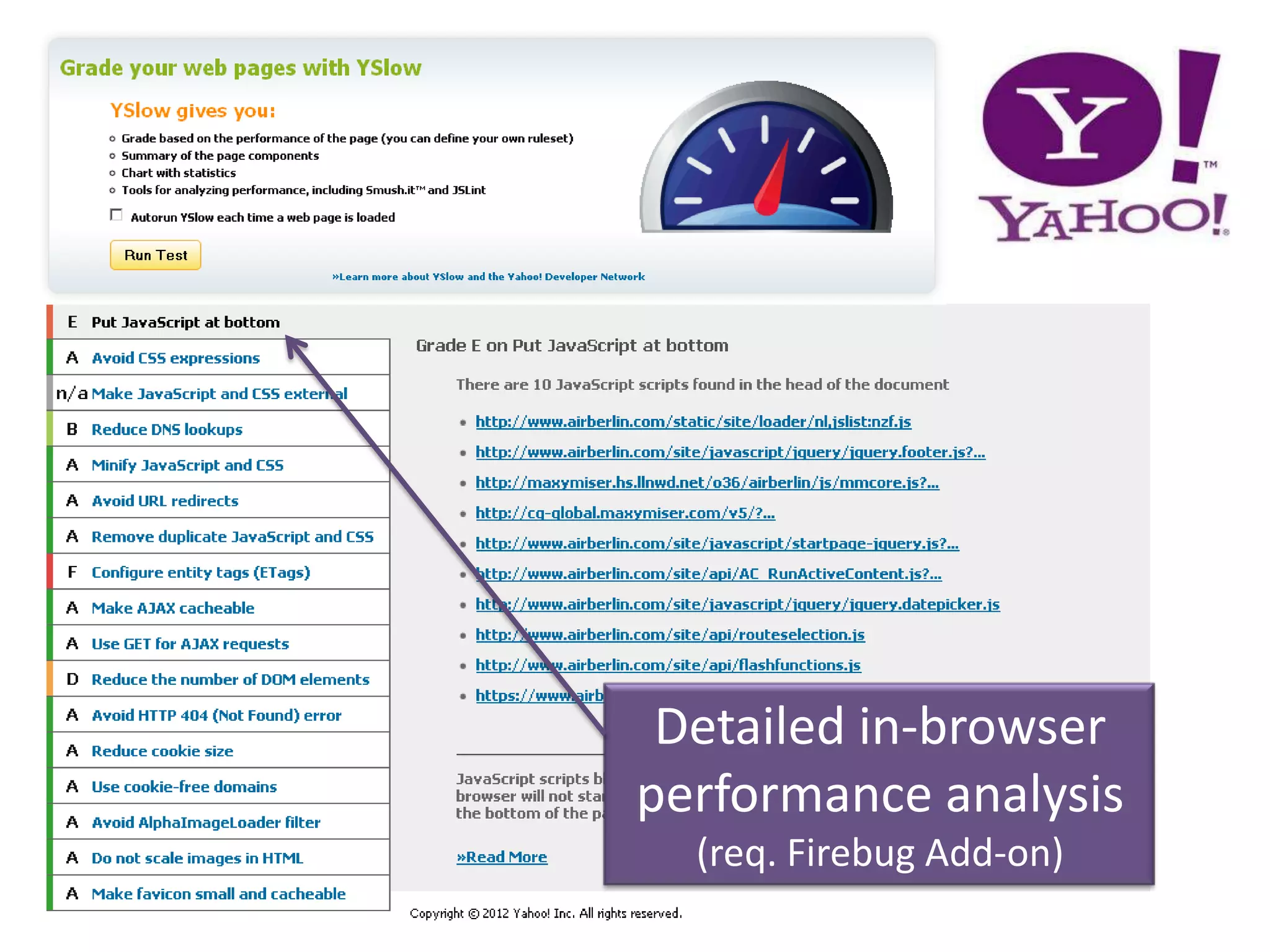 Detailed in-browser
performance analysis
  (req. Firebug Add-on)
 