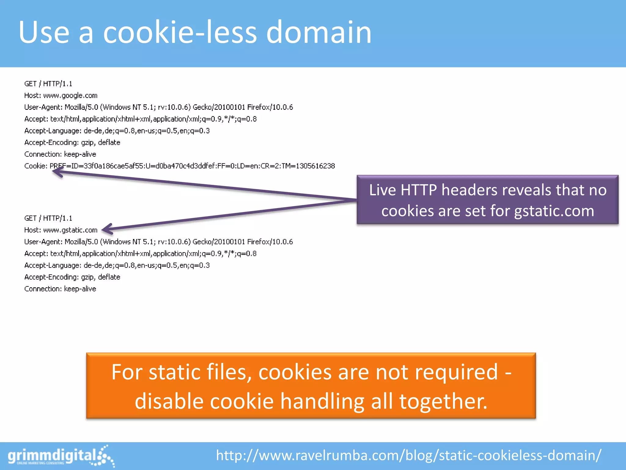 Use a cookie-less domain



                                       Live HTTP headers reveals that no
                                         cookies are set for gstatic.com




      For static files, cookies are not required -
        disable cookie handling all together.

                 http://www.ravelrumba.com/blog/static-cookieless-domain/
 