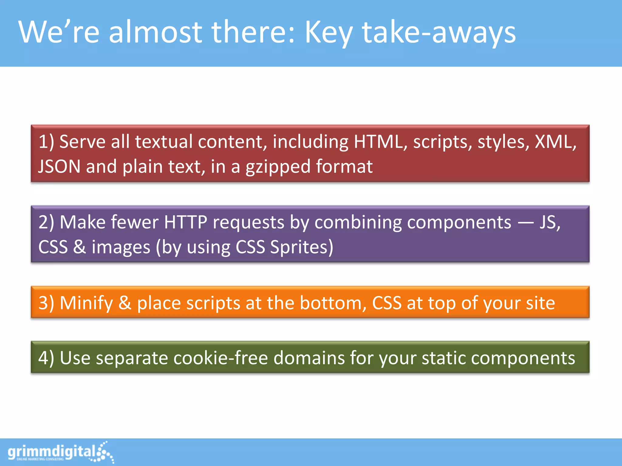 We’re almost there: Key take-aways


 1) Serve all textual content, including HTML, scripts, styles, XML,
 JSON and plain text, in a gzipped format

 2) Make fewer HTTP requests by combining components — JS,
 CSS & images (by using CSS Sprites)

 3) Minify & place scripts at the bottom, CSS at top of your site

 4) Use separate cookie-free domains for your static components
 
