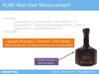RUM: Real User Measurement

<script>
      _gaq.push(['_setAccount','UA-XXXX-X']);
      _gaq.push(['_setSiteSpeedSampleRa...