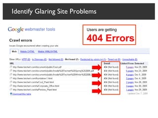Identify Glaring Site Problems Users are getting 404 Errors 